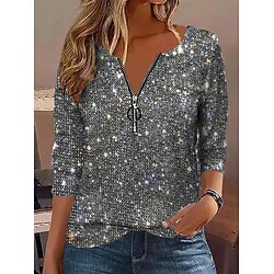 Women's Shirt Blouse Sparkly Party Casual Silver Yellow Purple Sequins Quarter Zip Long Sleeve Fashion V Neck Regular Fit Spring   Fall