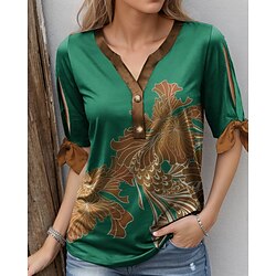 Image of Per donna maglietta Camicia Henley Floreale Informale Per eventi Giallo Rosso Blu Pulsante Tagliato Stampa Manica corta Di tendenza A V Standard Primavera estate Lightinthebox