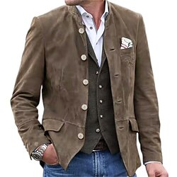 Men's Blazer Brown Suede Jacket Outdoor Daily Wear Warm Button Pocket Fall Winter Plain Fashion Streetwear Lapel Regular Green Jacket