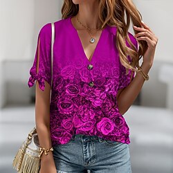 Image of Per donna maglietta Camicia Henley Floreale Informale Per eventi Rosa Rosso Blu Stampa Pulsante Tagliato Manica corta Di tendenza A V Standard Primavera estate Lightinthebox