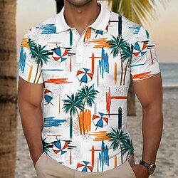 Palm Tree Men's Resort Hawaiian 3D Print Waffle Polo Shirt Holiday Vacation Beach Waffle Fabric Short Sleeve Turndown Polo Shirts Yellow Red Summer S M L Micro-elastic Lapel Polo