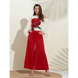 Women's Puff Sleeve Printing Cold Shoulder Flowers Two Piece Suit Daily Wear Casual Daily Culottes Wide Leg Long Sleeve Puff Balloon Sleeve Red S M L Spring  Summer