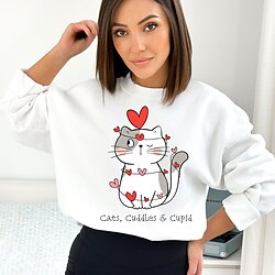 Women's Pullover Cotton Heart Cat Valentine's Day Casual Print White Dark Pink Beige Fashion Loose Fit Crew Neck Long Sleeve Top Spring Fall  Winter