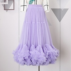 Women's Skirt Swing Maxi High Waist Skirts Ruffle Tulle Solid Colored Date Vacation Summer Polyester Elegant Fashion Black Almond Pink Purple