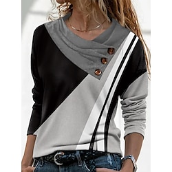 Women's T shirt Tee Color Block Daily Weekend Gray Print Button Long Sleeve Fashion V Neck Regular Fit Spring   Fall