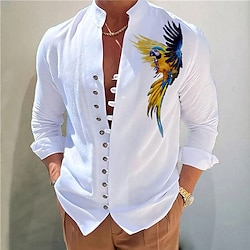 Parrot Men's Fashion Casual Graphic Cotton Shirt Daily Wear Vacation Going out Spring  Summer Standing Collar Long Sleeve White Pink Brown S M L Washable Cotton Fabric Shirt