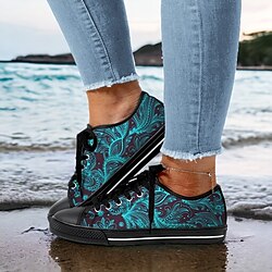 Women's Sneakers Print Shoes Plus Size Canvas Shoes Daily Travel Floral National Totem Flat Heel Fashion Classic Casual Canvas Lace-up Blue