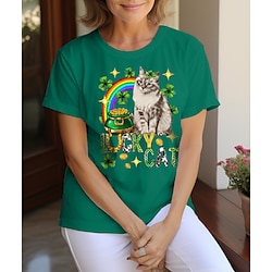 Image of Per donna maglietta 100% cotone Gatto Trifoglio Festa di San Patrizio Per eventi Nero Bianco Verde Manica corta Di tendenza Classico Rotonda St. Patrick's Day Siberian cat Shirts Per tutte le stagioni Lightinthebox