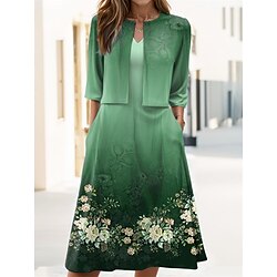 Women's Two Piece Dress Set Casual Dress Swing Dress Outdoor Holiday Elegant Fashion Print Midi Dress V Neck Half Sleeve Ombre Floral Regular Fit Green Summer Spring S M L XL XXL