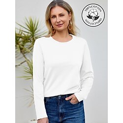 100% Cotton Women's T Shirt White Basic Long Sleeve Tee Casual Tops Round Neck Regular