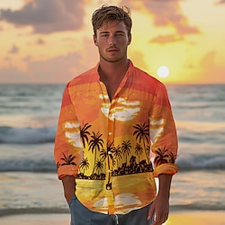 Men's Shirt Coconut Tree Hawaiian Resort  Button Up Shirt Printed Shirts Long Sleeve Daily Wear Vacation Beach Spring  Summer Lapel Print Orange Cotton