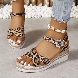 Image of sandali con zeppa da donna daily tacco piatto punta aperta casual in ecopelle cinturino alla caviglia sandali neri beige leopardati Lightinthebox