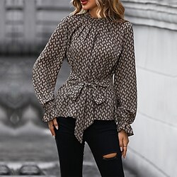 Light in the box Dames Overhemd Blouse Grafisch Casual Khaki Veters Afdrukken Lange mouw Modieus Ronde hals Lente Herfst