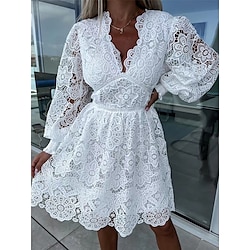 Women's White Dress Mini Dress Lace with Sleeve Date Vacation Elegant A Line V Neck Long Sleeve Black White Fuchsia Color