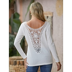 Women's Shirt Blouse Lace Casual Fashion Streetwear Long Sleeve Round Neck White Spring   Fall