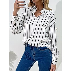 Light in the box Dames Overhemd Blouse Gestreept Casual Wit nappi Zak Afdrukken Lange mouw Modieus Overhemdkraag Lente Herfst