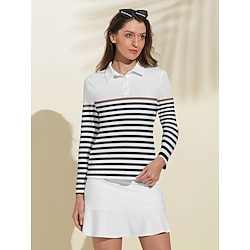 Women's Golf Polo Shirt White Long Sleeve Sun Protection Top Stripes Fall Winter Ladies Golf Attire Clothes Outfits Wear Apparel