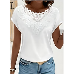 Women's T shirt Tee Lace Splicing Top Dressy Tops Solid Color Patchwork Daily Stylish Basic Batwing Sleeve Short Sleeve Crew Neck White Summer