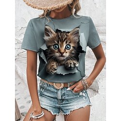 Image of Per donna maglietta 3D cat Animali Stampa Giornaliero Fine settimana Di tendenza Manica corta Rotonda Blu Estate Lightinthebox