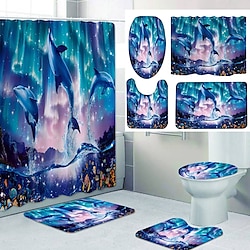 Image of Sea World deco per il bagno 4 pezzi set di tende da doccia set da bagno moderno arredamento per il bagno di casa con tappetino da bagno a forma di U e coperchio del WC e 12 ganci Lightinthebox