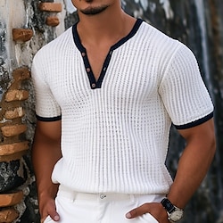 Men's Waffle Henley Shirt Waffle Knit Tee Tee Top Solid Color V Neck Outdoor Casual Short Sleeve Button Knitted Clothing Apparel Fashion Designer Comfortable