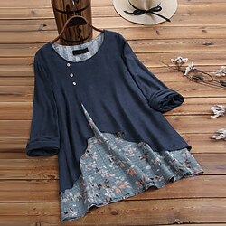 Light in the box Dames Overhemd Blouse Bloemig Dagelijks Vakantie nappi Afdrukken Marineblauw Lange mouw Casual Strakke ronde hals Lente Herfst