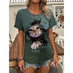 Image of Per donna maglietta 3D cat Animali Stampa Giornaliero Fine settimana Di tendenza Manica corta Rotonda Verde Estate Lightinthebox