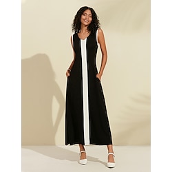 Women's Black Maxi Dress Modal Color Block Sleeveless V Neck A Line Knit Elegant Dress