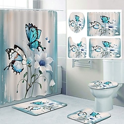Image of farfalla deco bagno 4 pezzi set tenda da doccia set da bagno moderno arredamento per il bagno di casa con tappetino da bagno a forma di U e coperchio del WC tappetino e 12 ganci Lightinthebox