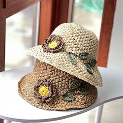 Image of 1 pz cappello di paglia con treccia di fiori cappello da bacino creativo fatto a mano estivo scava fuori cappelli da sole traspiranti adatti per le vacanze al mare Lightinthebox