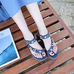 Image of scarpe da donna sandali della boemia retro sandali con strass in rilievo punta rotonda sandali piatti tendine di manzo scarpe con suola morbida beatirce sandali bianchi sandali neri sandali blu Lightinthebox