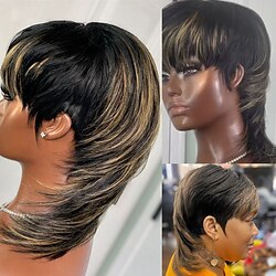 Image of parrucche corte con taglio pixie per donne nere, parrucca interamente realizzata a macchina con frangia a coda di rondine, capelli umani veri evidenziati diritta Lightinthebox