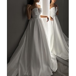 Light in the box A-lijn witte avondjurk elegante jurk trouwjurk maskerade kapeltrein mouwloos strapless satijn met ruches 