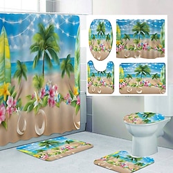 Image of Deco per il bagno in stile hawaiano 4 pezzi set di tende da doccia set da bagno moderno arredamento per il bagno di casa con tappetino da bagno a forma di U e coperchio del WC tappetino e 12 ganci Lightinthebox