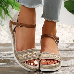 Image of sandali con zeppa da donna con plateau espadrillas estivi cinturino alla caviglia sandali da spiaggia open toe sandali beige vino rosa Lightinthebox