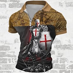 Men's Knights Templar Zip Polo Shirts Golf Shirt Short Sleeve Polo Shirts Collared Shirts Vacation Wear Festival Wear Party Outfits 3D Print Quarter Zip Polo Summer Spring Black