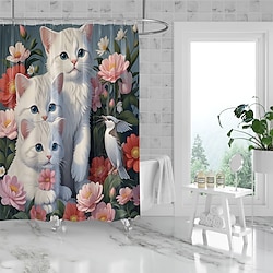 Image of Tenda da doccia con stampa digitale simpatico gatto da 180 cm con margherite di fiori colorati - per famiglia, famiglia, bagno, parete divisoria per vasca - tessuto in poliestere impermeabile ad Lightinthebox
