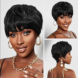 Image of parrucche ondulate corte a strati neri per le donne parrucche corte di capelli umani di colore 1b parrucche pixie cut con frangia Lightinthebox