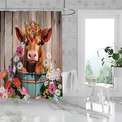 Image of Simpatica tenda da doccia a forma di mucca da 180 cm con pannello in legno e fiori colorati - per casa, soggiorno in famiglia, bagno, vasca da bagno - tessuto in poliestere impermeabile ad asciugatura Lightinthebox