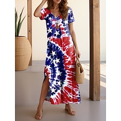 Light in the box Dames maxi-jurk met v-hals en Amerikaanse vlagprint, zomer, korte mouwen