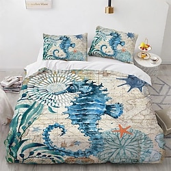 Image of Set di biancheria da letto copripiumino da 3 pezzi, copripiumino stampato con cavalluccio marino e tartaruga marina Lightinthebox