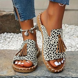 Image of pantofole da donna con stampa leopardata casuale pantofole sandali con frange scarpe casual infradito scarpe da spiaggia ciabatte con cinturino leopardo bianco blu Lightinthebox