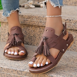 Image of sandali da donna sandali con zeppa sandali con plateau sandali da spiaggia infradito decorati con frange caffè kaki Lightinthebox