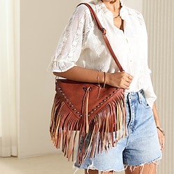 Women's Bohemian Style Leather Fringe Crossbody Bag with Studded Detail