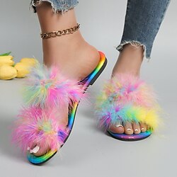 Image of pantofole da donna pantofole fuzzy morbide pantofole da spiaggia all'aperto tacco piatto punta aperta moda da passeggio nero rosa arcobaleno Lightinthebox