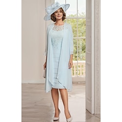 Beach Wedding Two Piece Sheath Mother of the Bride Dress Elegant Jewel Neck Knee Length Chiffon Lace 3/4 Length Sleeve Jacket Dresses with Lace Ruched 2025 free custom size