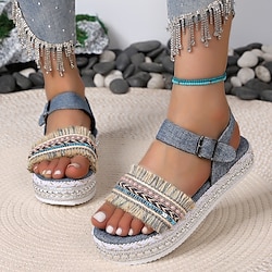 Image of sandali piatti da donna con frange sandali con plateau punta aperta cinturino alla caviglia scarpe da spiaggia estive sandali boho nero blu Lightinthebox