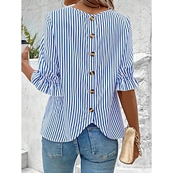 Women's Blouse Dressy Tops Striped Ruffle Button Work Elegant Bohemia Half Sleeve Crew Neck Blue Summer