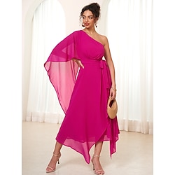 Women's Wedding Guest Cocktail Dress Chiffon Belted Asymmetrical Hem Elegant Formal Maxi A Line Dress Off Shoulder Fuchsia Color