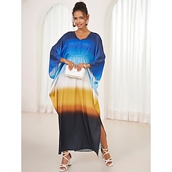 Light in the box Dames ombre kleurblok gesmokt elastische taille v-hals maxi-jurk met lange mouwen zomer